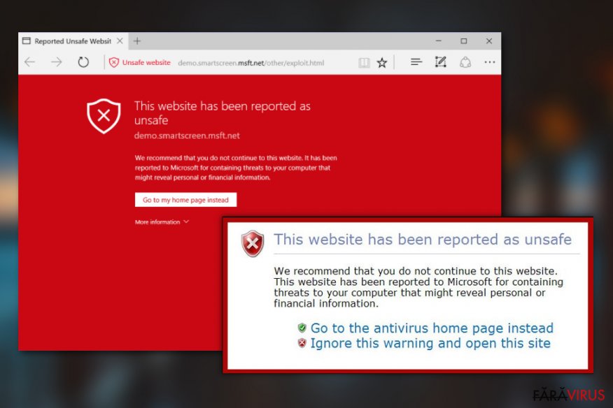 Avertismentul browserului: This website has been reported as unsafe